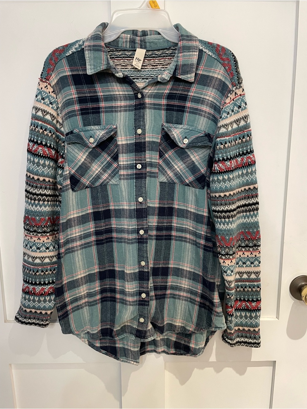 Tokyo Darling Plaid Flannel Shirt with Fair Isle Knit Sweater Sleeves Size S/P